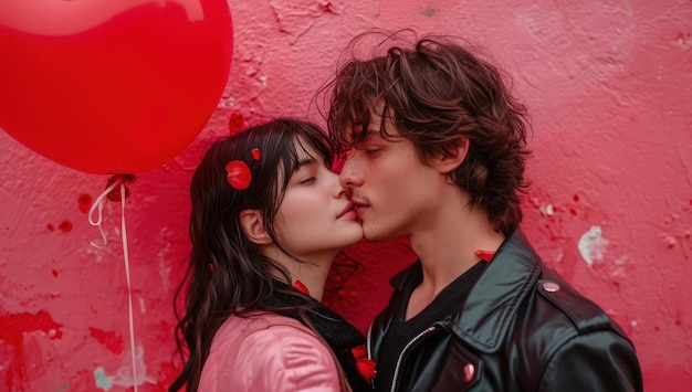 Romantisch liefdesconcept Man en vrouw kussen voor hartvormige ballon en roze muur extreme close-up Generatieve AI