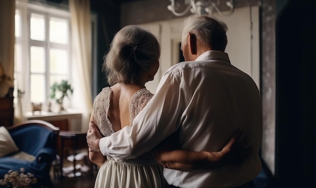 Romantisch ouder getrouwd stel vrouw en man dansen samen op muziek in de woonkamer generatieve AI