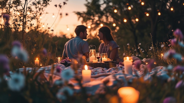 Romantisch paar op picknick in de schemering met kaarsen en bloemen die de achtergrond van Valentijnsdag versieren