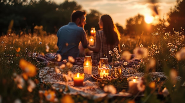 Romantisch paar op picknick in de schemering met kaarsen en bloemen die de achtergrond van Valentijnsdag versieren