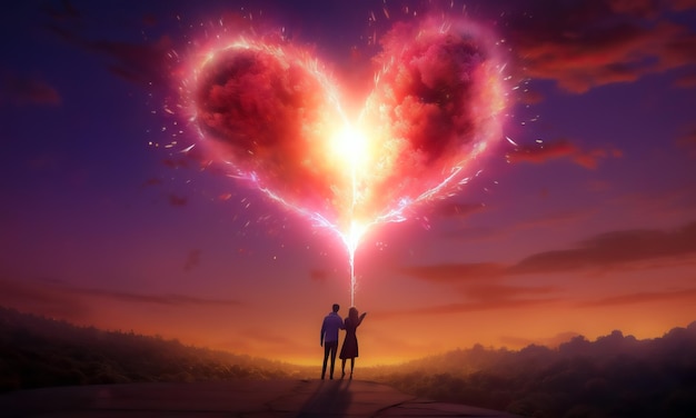 Foto romantisch paar samen kijken naar een creatief hart vuurwerk