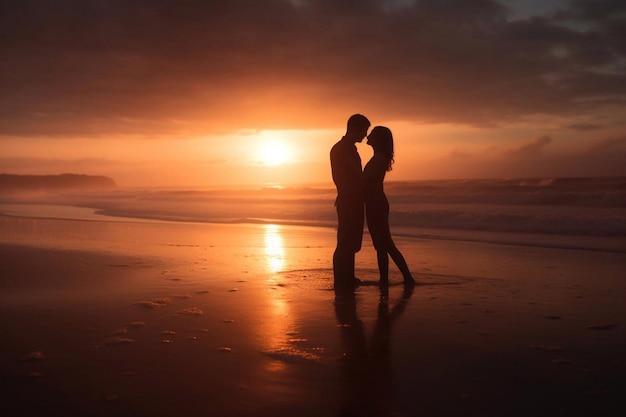 Romantisch paarsilhouet op het strand bij zonsopgang Generatieve AI