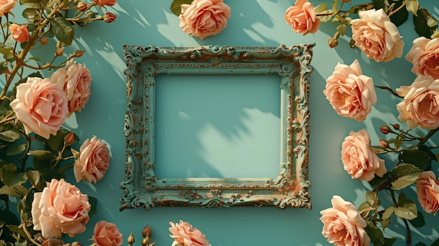 Romantisch vintage leeg frame met prachtige rozen op blauwe achtergrond Groetekaart sjabloon