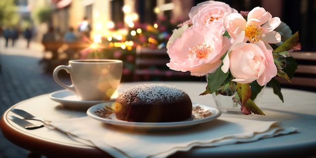 romantisch zonsondergangstraatcafé, kopje koffie, zoete cake en bloemen op tafel, romantisch koppel