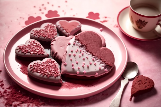 Romantische achtergrond Roze hartcakes Voedselcakes Valentine Achtergrond