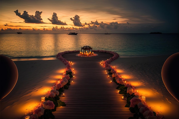 Romantische avond in het tuinhuisje aan zee Avond zonsondergang lantaarns bloemen en kaarsen Romantische vakantie aan zee Nacht zeegezicht rust AI