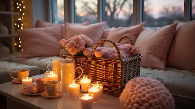 Foto romantische binnenpicknick met kaarsen en rozen