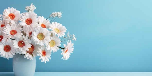 Romantische bloemenbanner met een boeket gerbera's en gypsophila op een lichtblauwe achtergrond met kopieerruimte