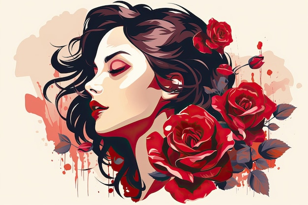 Romantische bloemenillustratie Jonge vrouw en rozenboeket in vectorkunst