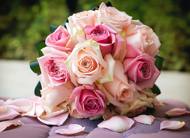 Romantische bruiloftsviering met vers bloemenboeket en roze rozenblaadjes