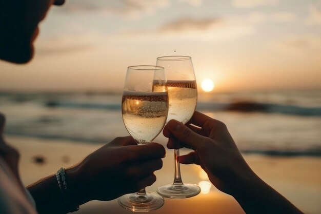 Romantische champagne toast bij zonsondergang op het strand