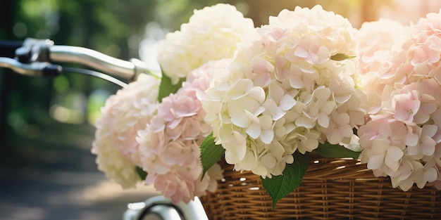 Romantische close-up foto van witte hortensia's in een fietsmand Hoogwaardige foto Generatieve AI