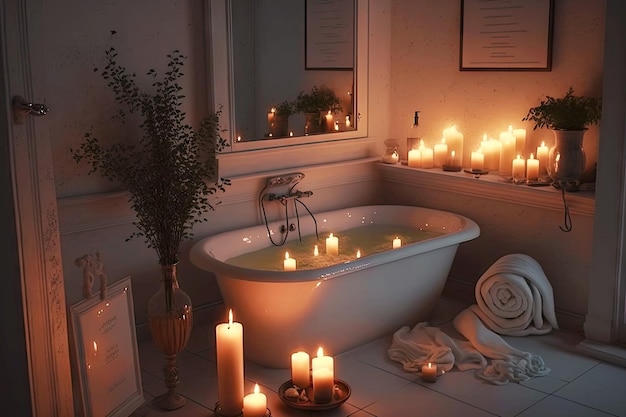 Romantische date in witte badkamer met kaarsen gemaakt met generatieve ai