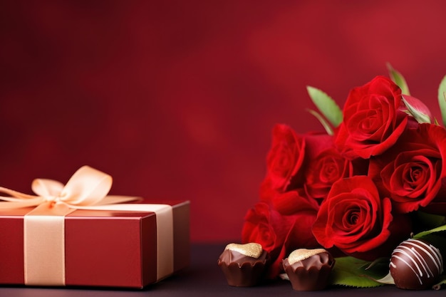 Romantische date met een boeket rode rozen chocolade snoep uitnodiging of wenskaart Generatieve AI