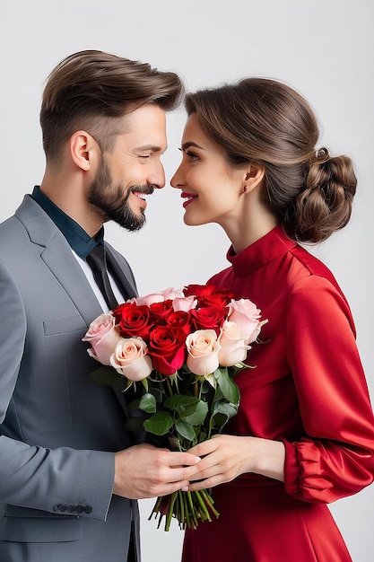 Romantische echtgenoten die een boeket bloemen vasthouden en op Valentijnsdag naar elkaar kijken.