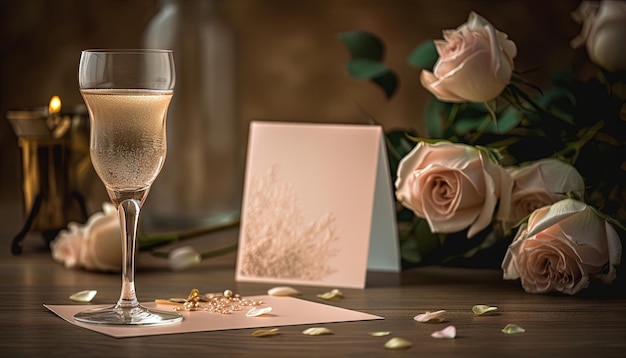 Romantische en elegante trouwkaart met een bloemenillustratie en een accessoire van champagneglas