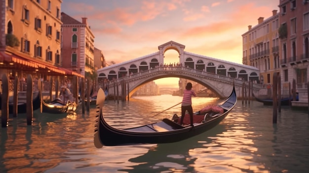 Romantische gondelrit in de buurt van de iconische Rialtobrug in Venetië, Italië