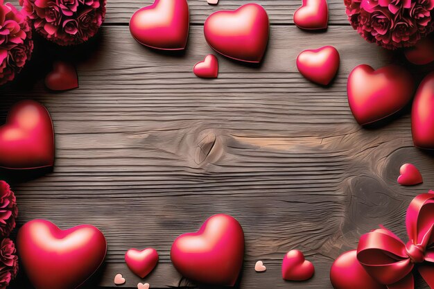 Foto romantische harten houden van achtergrond op houten tafel met kopieerruimte voor tekstadvertentie generatieve ai-illustratie