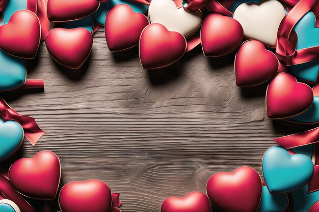 Romantische harten houden van achtergrond op houten tafel met kopieerruimte voor tekstadvertentie Generatieve AI-illustratie
