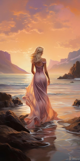 Romantische illustratie van het zonsondergangstrand met een jonge vrouw die de zee in rent
