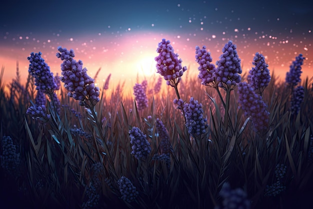 Romantische illustratie van lavendelbloemen in een lavendelveld Generatieve AI