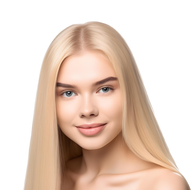 Romantische jonge blonde vrouw met lang haar en groene ogen geïsoleerd op witte fotografie transparante png Generative Ai