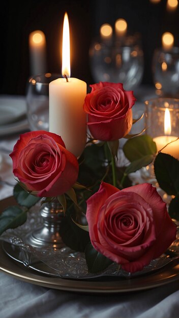 Foto romantische kaarslicht diner tafel op restaurant met rozen en warm licht foto