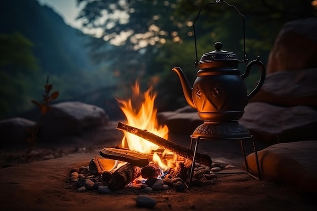 Romantische kampvuur nachten Vintage koffiepot brouwen op een gezellige vuur