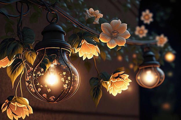 Romantische lichtslingers buiten een gezellige avond in de bloementuin van het huis Decoratie van het interieur van de bruiloftsstraat