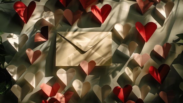 Romantische liefdesbrief envelop met handgemaakte papieren harten Geometrisch patroon en schaduwen die diepte toevoegen