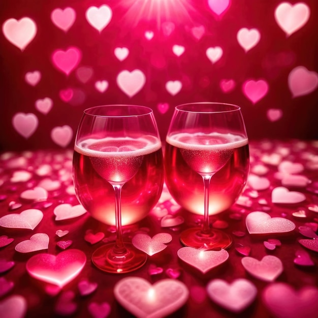 Foto romantische liefdesviering champagne en roze harten