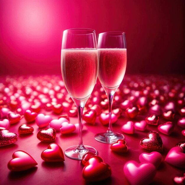 Romantische liefdesviering champagne en roze harten