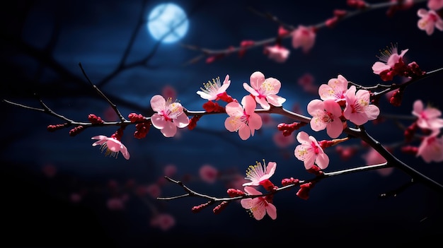 Romantische nachtelijke scène Mooie roze bloemen bloeien in de nachtelijke hemel met volle maan sakura bloemen in de nacht