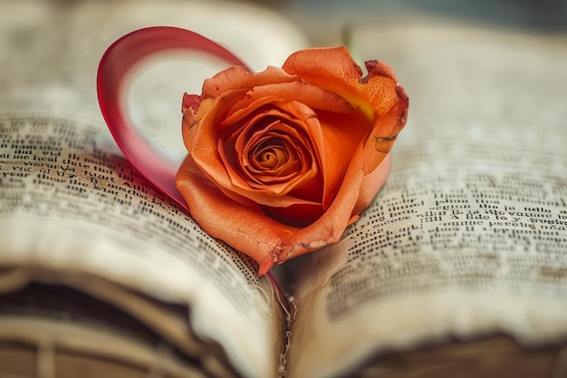 Romantische oranje roos op open boekpagina's met hartvormig lint