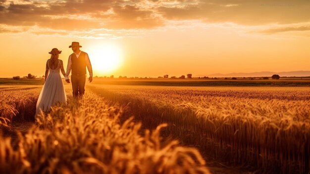 Romantische pasgetrouwde bruidegom en bruid paar hand in hand in het veld bij zonsondergang AI gegenereerde afbeelding