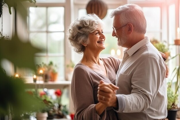 Romantische senior familie paar vrouw en man dansen samen op muziek in de woonkamer Generatieve AI