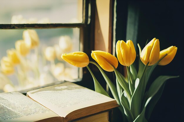 Romantische setting met boeket gele tulpenbloem en boek