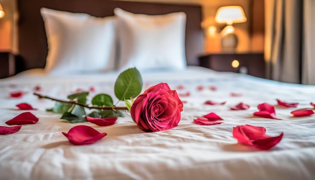 Romantische sfeer Een rode roos en haar bloemblaadjes verspreid over een hotelbed zorgen voor de sfeer voor een passio