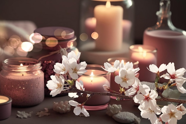 romantische spa salon in roze zachte verlichting Kaarsen, rozen, rozen bloemen, aromatherapie zachte kaars