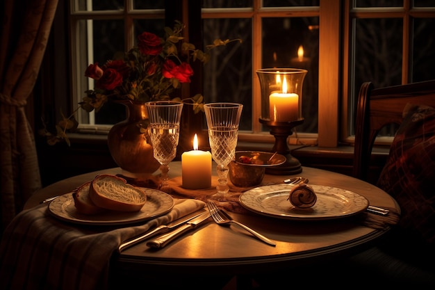 Romantische tafelvoorstelling bij kaarslicht voor twee met kaarsen en bloemen van Generative Ai