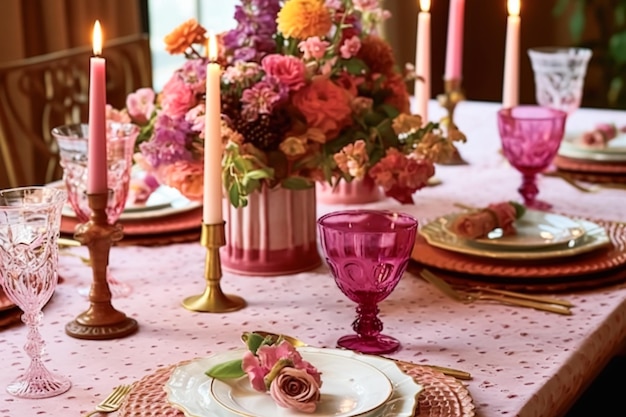 Romantische vakantie tablescape formele eettafel gedekte tafel scape met roze landelijke stijl decoratie voor bruiloft en evenement viering generatieve ai