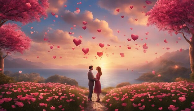 Romantische Valentijnsdag scène met een prachtige zonsondergang achtergrond versierd met roze en rood