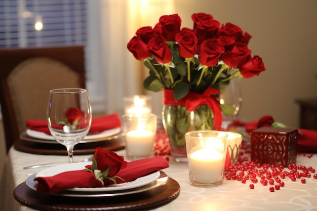 Romantische valentine39s diner tafel met rode rozen en kaarsen