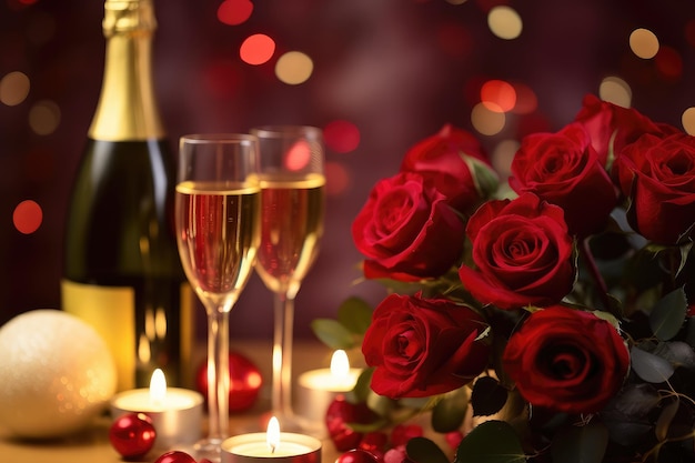 Romantische viering met champagne rozen en kaarslicht