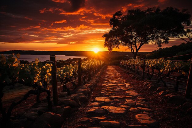 Foto romantische vineyard walk sunset behang