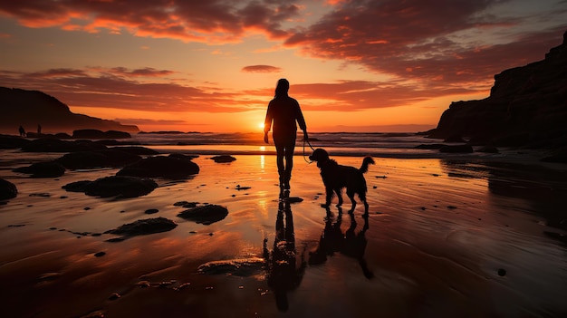 Romantische wandeling met de hond bij zonsondergang op de oceaan Generatieve AI
