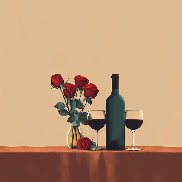 Romantische wijn met rode rozen op een pastelroze achtergrond Valentijnsdag romantisch ontwerp schone lijnen kleurrijk ontwerp