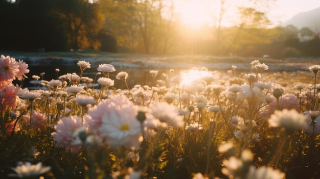 Romantische zonsopgang Een fotorealistisch Dahlia-veld in de avondglans