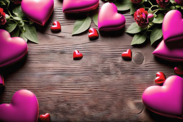 Романтические сердца любят фон на деревянном столе с копировальным пространством для текстовой рекламы Генеративная иллюстрация AI