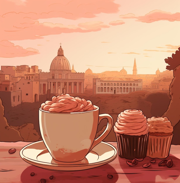 Фото Римская иллюстрация с красным кофе и кексом и коллозеем в стиле светло-розового и коричневого